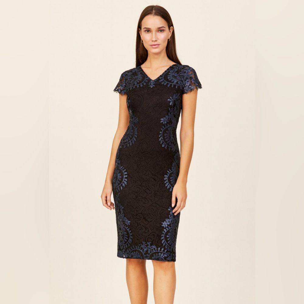 Tadashi Shoji Navy Lace Sequin Cocktail Dress Sheath Midi Size 4